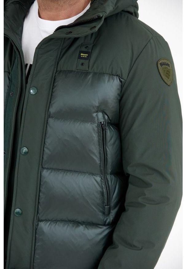 Blauer USA - BLAUER Ciemnozielona puchowa kurtka męska z kapturem, Rozmiar M. Typ kołnierza: kaptur. Kolor: zielony. Materiał: puch