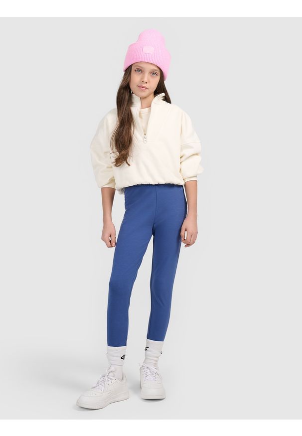 4f - 4F Legginsy dzianinowe dziewczęce - granatowe 146 (10-11 lat). Okazja: na uczelnię, na co dzień, na spacer. Stan: podwyższony. Kolor: niebieski. Materiał: dzianina. Sezon: lato. Styl: casual
