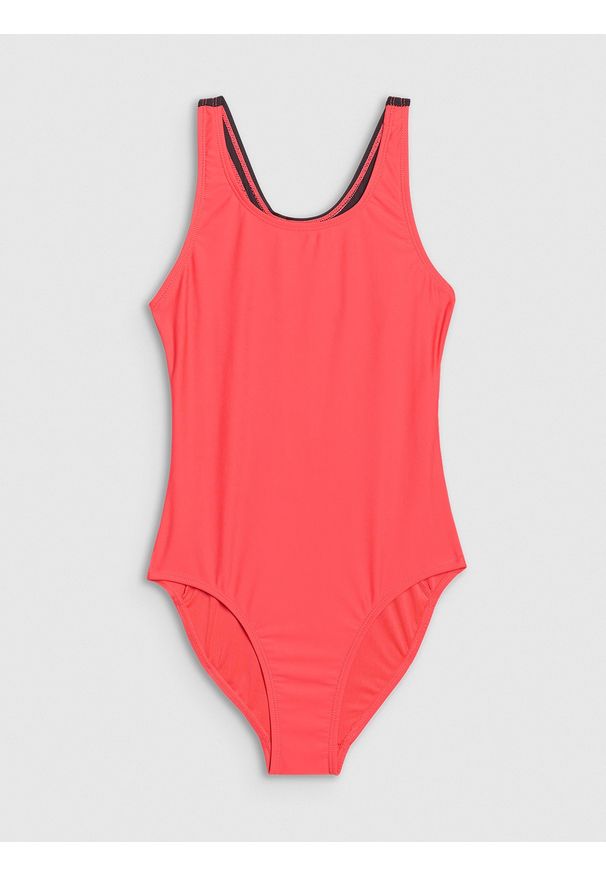 4f - 4F Kostium kąpielowy jednoczęściowy dziewczęcy - pomarańczowy 122/128 (6-8 lat). Kolor: pomarańczowy. Materiał: elastan, włókno, syntetyk, materiał. Wzór: jednolity