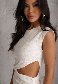 Renee - Beżowa Wieczorowa Sukienka z Koronki z Asymetrycznym Wycięciem w Talii Kalimeia. Okazja: na imprezę. Kolor: beżowy. Materiał: koronka. Wzór: koronka. Typ sukienki: asymetryczne. Styl: wizytowy. Długość: maxi #2