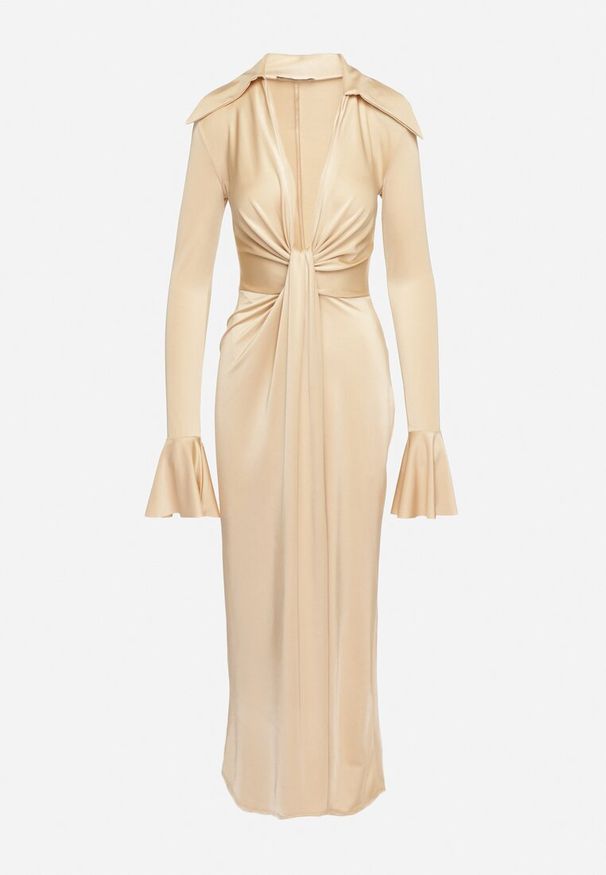 Born2be - Beżowa Koktajlowa Sukienka z Usztywnioną Linią Ramion i Rozkloszowanymi Rękawami Semirienne. Kolor: beżowy. Wzór: aplikacja. Styl: wizytowy