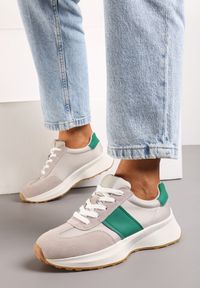 Renee - Beżowo-Zielone Skórzane Sneakersy z Materiałowymi Wstawkami Celana. Kolor: beżowy. Materiał: materiał, skóra. Wzór: aplikacja #4