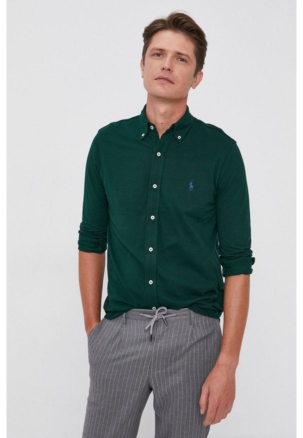 Polo Ralph Lauren - Koszula bawełniana. Typ kołnierza: polo. Kolor: zielony. Materiał: bawełna. Długość rękawa: długi rękaw. Długość: długie