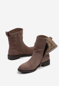 Renee - Ciemnobeżowe Botki z Marszczoną Cholewką do Kostki Ilomira. Kolor: beżowy. Materiał: zamsz, jeans. Szerokość cholewki: normalna. Styl: boho