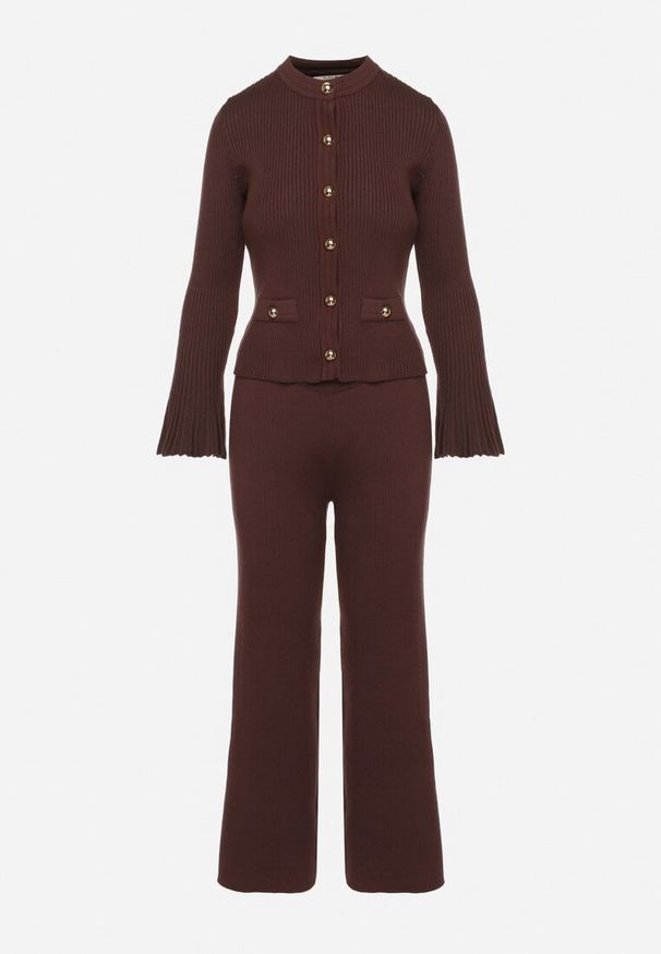 Born2be - Brązowy Dzianinowy Komplet z Wiskozą Kardigan i Szerokie Spodnie Conella. Kolor: brązowy. Materiał: dzianina, wiskoza