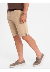 Ombre Clothing - Klasyczne męskie szorty chino z podwiniętą nogawką - beżowe V11 - Rozmiar: M. Kolor: beżowy. Materiał: elastan, bawełna. Sezon: lato. Styl: klasyczny #7