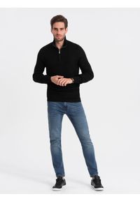 Ombre Clothing - Dzianinowy sweter męski z rozpinaną stójką - czarny V3. Typ kołnierza: kołnierzyk stójkowy. Kolor: czarny. Materiał: dzianina #6