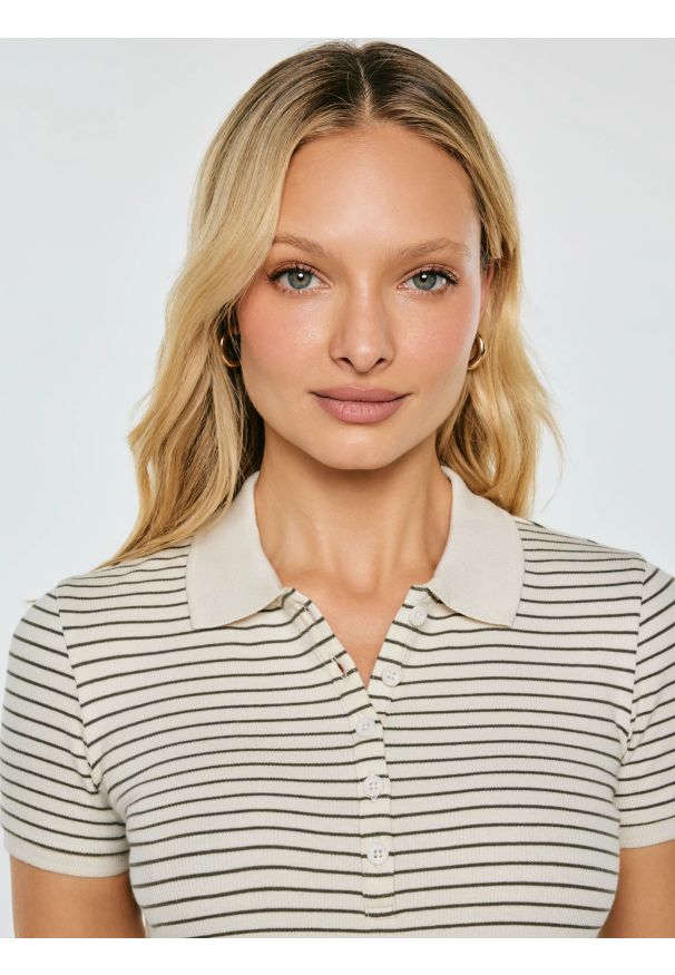Big-Star - Koszulka damska polo w paski perłowa Rellma 103. Typ kołnierza: polo. Kolor: kremowy. Materiał: prążkowany, dzianina. Wzór: paski. Styl: klasyczny, elegancki