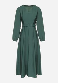 Born2be - Zielona Wiskozowa Sukienka o Rozkloszowanym Kroju z Paskiem z Klamerką Arilesse. Okazja: na co dzień. Typ kołnierza: dekolt w kształcie V. Kolor: zielony. Materiał: wiskoza. Długość rękawa: długi rękaw. Styl: casual, elegancki #6