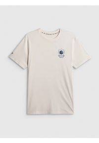 4f - 4F T-shirt regular z nadrukiem męski - beżowy S. Okazja: na co dzień. Kolor: beżowy. Materiał: bawełna, dzianina. Wzór: nadruk. Styl: casual #1