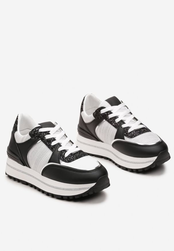 Born2be - Czarno-Białe Sneakersy na Grubej Podeszwie Ozdobione Brokatem Niretha. Kolor: czarny. Materiał: jeans. Wzór: aplikacja. Obcas: na platformie