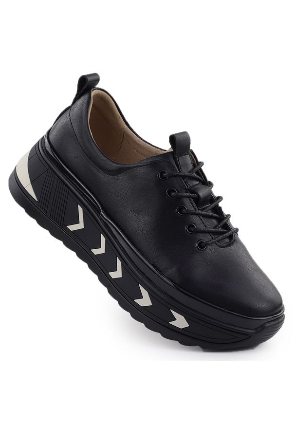 Skórzane sneakersy damskie na platformie czarne Filippo DP6427. Okazja: na co dzień. Kolor: czarny. Materiał: skóra. Obcas: na platformie. Styl: casual, sportowy