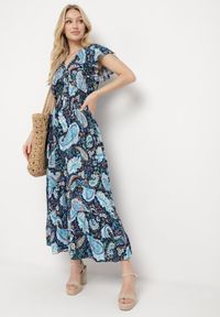 Born2be - Granatowa Bawełniana Sukienka Boho z Gumką w Talii i Wzorem Paisley Sirrelia. Kolor: niebieski. Materiał: bawełna. Wzór: paisley. Styl: boho #6