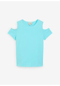 bonprix - T-shirt z wycięciami na ramionach z czystej bawełny organicznej. Kolor: niebieski. Materiał: bawełna. Sezon: lato