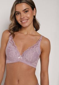 Born2be - Fioletowy Koronkowy Biustonosz z Ozdobnymi Kokardkami na Ramiączkach Aeleolopei. Kolor: fioletowy. Materiał: koronka. Wzór: koronka, aplikacja #1