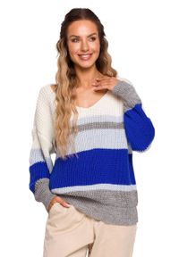 MOE - Kolorowy sweter w paski i z dekoltem w serek. Typ kołnierza: dekolt w serek. Wzór: kolorowy, paski