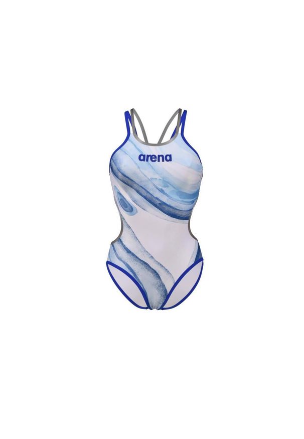Damski kostium kąpielowy 1-częściowy Arena Double Cross. Kolor: wielokolorowy, niebieski, szary, biały. Wzór: nadruk