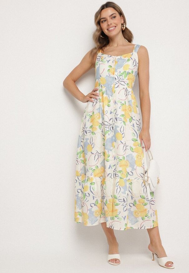 Born2be - Beżowa Sukienka z Bawełny ze Wzorem Cytryn Evitriss. Okazja: na spacer, na co dzień. Kolor: beżowy. Materiał: bawełna. Długość rękawa: na ramiączkach. Sezon: lato. Styl: casual, klasyczny