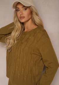 Renee - Zielony Komplet z Wełną ze Spodniami Typu Wide Leg i Strukturalnym Swetrem Naonella. Kolor: zielony. Materiał: wełna #3