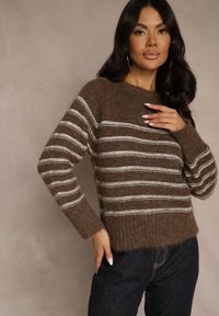 Renee - Brązowy Sweter z Dodatkiem Wełny Ozdobiony Paskami Liatella. Okazja: na co dzień. Kolor: brązowy. Materiał: wełna. Wzór: aplikacja. Styl: klasyczny, casual, street, elegancki #2