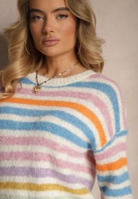 Renee - Niebieski Sweter z Dodatkiem Wełny w Kolorowe Paski Aslefa. Okazja: na co dzień. Kolor: niebieski. Materiał: wełna. Długość rękawa: długi rękaw. Długość: długie. Wzór: paski, kolorowy. Styl: elegancki, casual #5