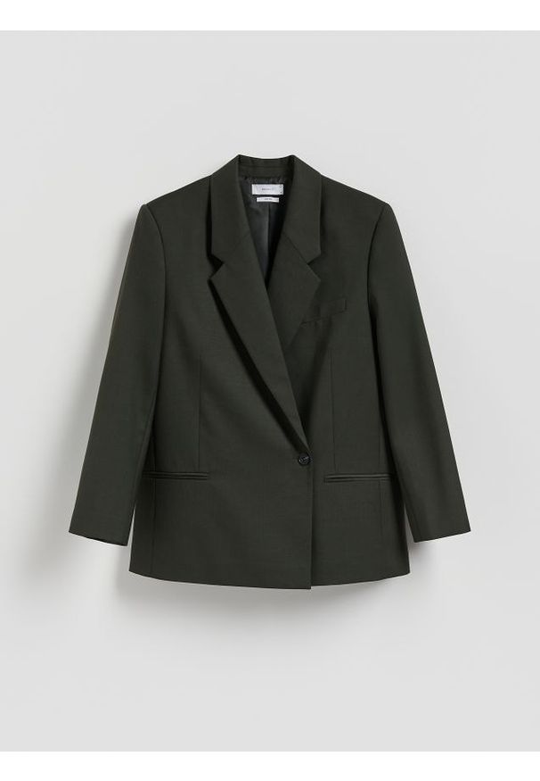 Reserved - Marynarka z wełną - zielony. Kolor: zielony. Materiał: wełna