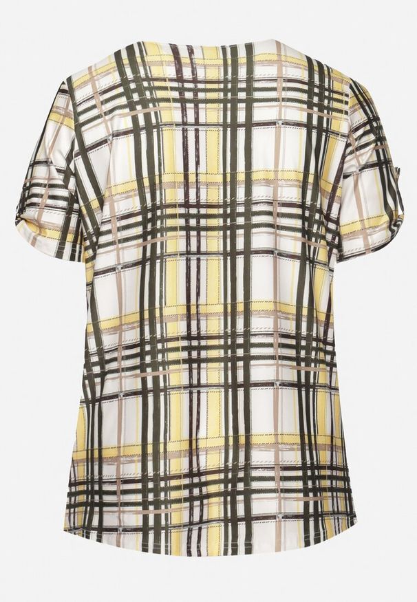 Born2be - Żółto-Beżowa Bluzka w Kratę z Guzikami i Kieszonką Alerasi. Kolor: żółty. Styl: klasyczny, elegancki