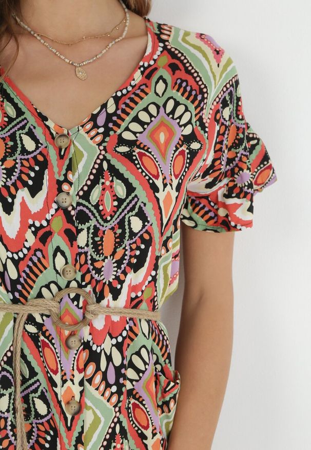 Born2be - Czerwono-Zielona Sukienka Maxi z Guzikami i Sznurkiem Phebia. Kolor: czerwony. Długość: maxi