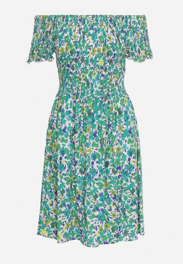 Born2be - Zielona Wiskozowa Sukienka Typu Hiszpanka z Elastyczną Gumką w Talii Anlavera. Okazja: na co dzień. Typ kołnierza: dekolt hiszpanka. Kolor: zielony. Wzór: kwiaty. Typ sukienki: proste. Materiał: wiskoza. Długość rękawa: krótki rękaw. Sezon: wiosna. Styl: casual