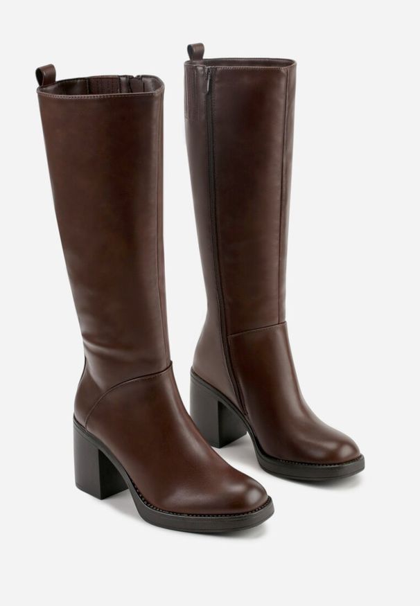 Renee - Brązowe Kozaki na Słupku przed Kolano Cindria. Okazja: na co dzień. Wysokość cholewki: przed kolano. Kolor: brązowy. Materiał: jeans. Obcas: na słupku. Styl: casual