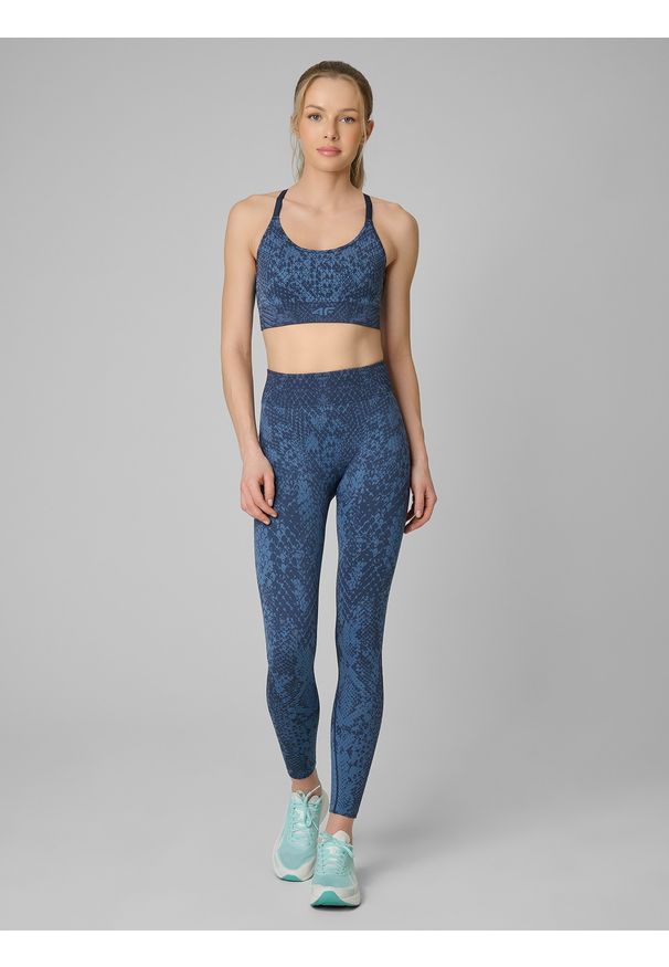 4f - 4F Legginsy treningowe bezszwowe damskie - turkusowe M/L. Stan: podwyższony. Kolor: turkusowy. Materiał: skóra, włókno, dzianina. Sport: fitness