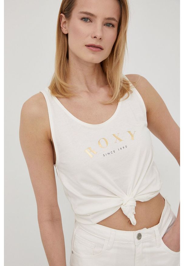 Roxy top damski kolor beżowy. Kolor: beżowy. Materiał: bawełna. Długość rękawa: na ramiączkach. Wzór: nadruk