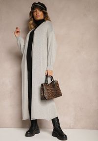 Renee - Szary Jednolity Kardigan o Przedłużonym Kroju ze Ściągaczami Terrin. Kolor: szary. Materiał: jeans. Wzór: jednolity. Styl: elegancki