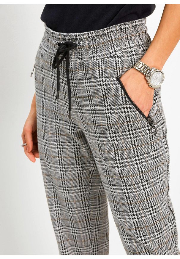 bonprix - Spodnie z gumką w talii w kratę glencheck. Kolor: szary. Styl: klasyczny