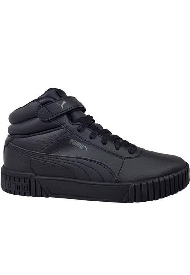 Buty do chodzenia dla dzieci Puma Carina 20 Mid PS. Wysokość cholewki: za kostkę. Zapięcie: rzepy. Kolor: czarny. Materiał: materiał, syntetyk, guma. Szerokość cholewki: normalna. Sport: turystyka piesza
