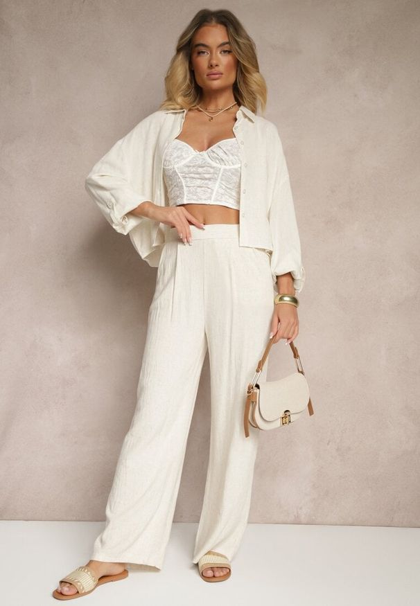 Renee - Beżowe Spodnie z Lnem i Bawełną o Szerokim Kroju High Waist Sallieta. Okazja: na co dzień. Stan: podwyższony. Kolor: beżowy. Materiał: bawełna, len. Styl: casual
