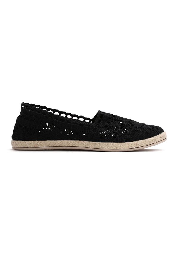 Renee - Czarne Espadryle z Ażurową Cholewką i Plecioną Podeszwą Gratifyinglys. Okazja: na co dzień. Kolor: czarny. Szerokość cholewki: normalna. Wzór: ażurowy. Sezon: lato. Obcas: na płaskiej podeszwie. Styl: klasyczny, elegancki, casual
