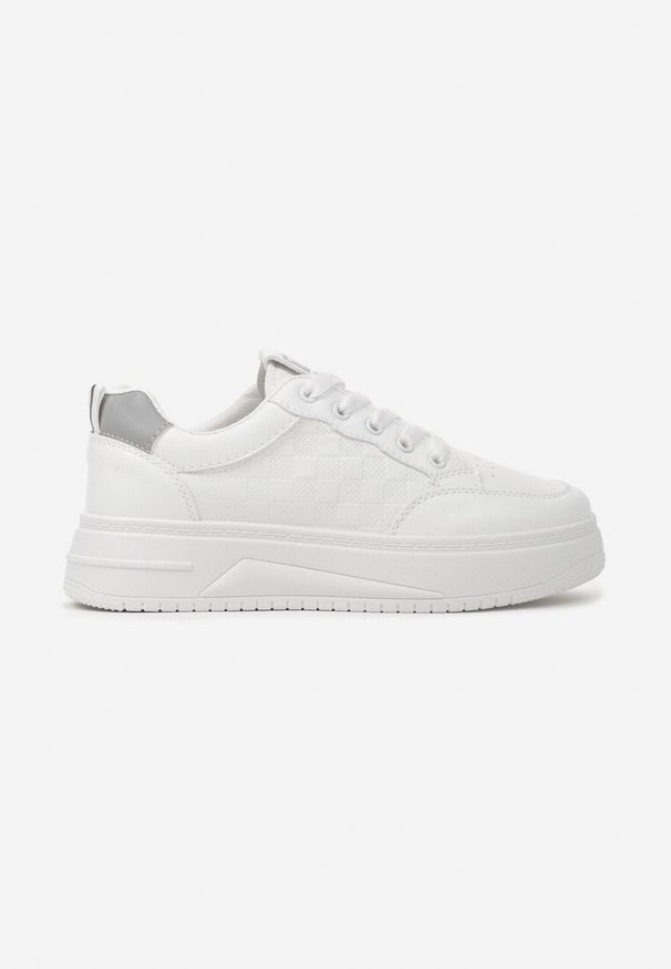 Renee - Biało-Szare Casualowe Sneakersy na Platformie z Perforacją i Zdobieniem z Boku Iinesta. Okazja: na co dzień. Nosek buta: okrągły. Zapięcie: sznurówki. Kolor: biały. Materiał: materiał. Wzór: aplikacja. Obcas: na platformie. Wysokość obcasa: niski