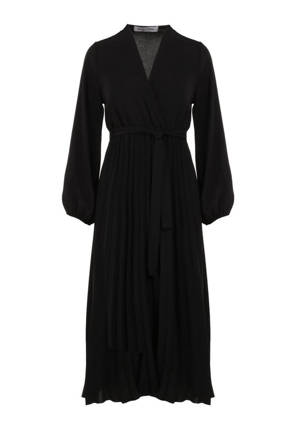 Born2be - Czarna Sukienka Mesyre. Okazja: na randkę, do pracy. Typ kołnierza: dekolt w kształcie V. Kolor: czarny. Materiał: materiał. Typ sukienki: kopertowe, plisowane. Długość: midi