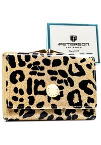 Złoty portfel damski ze skóry ekologicznej i naturalnej w cętki, zamykany biglem i zatrzaskiem - Peterson. Kolor: złoty. Materiał: skóra ekologiczna #1
