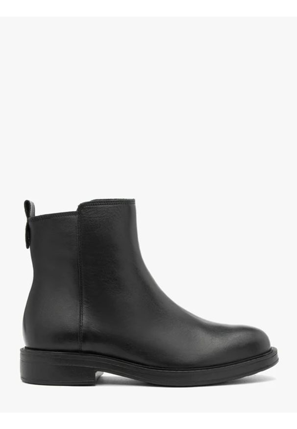Ryłko - Czarne botki ze skóry licowej. Okazja: na co dzień. Wysokość cholewki: za kostkę. Nosek buta: okrągły. Zapięcie: zamek. Kolor: czarny. Materiał: skóra. Szerokość cholewki: normalna. Styl: klasyczny, casual, elegancki, street