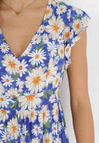 Born2be - Niebieska Sukienka Mini z Wiskozy z Gumką w Pasie i Falbankami Nidi. Typ kołnierza: kołnierz z falbankami. Kolor: niebieski. Materiał: wiskoza. Długość: mini #3