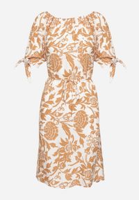 Born2be - Beżowa Bawełniana Sukienka w Ornamentalne Rośliny z Wiązaniem Przy Rękawach Tosvena. Okazja: na co dzień, na spacer, na imprezę. Kolor: beżowy. Materiał: bawełna. Styl: casual, elegancki #5