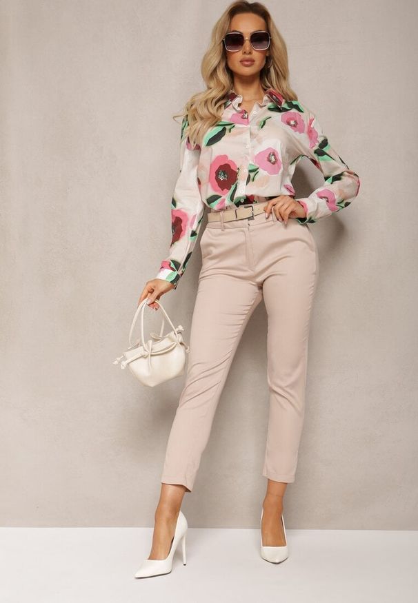 Renee - Beżowe Spodnie o Fasonie Cygaretek High Waist Orangia. Okazja: na spotkanie biznesowe, do pracy. Stan: podwyższony. Kolor: beżowy. Styl: biznesowy, klasyczny, elegancki