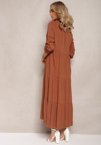 Renee - Ciemnobrązowa Koszulowa Sukienka Maxi z Bawełny Junira. Okazja: na co dzień. Kolor: brązowy. Materiał: bawełna. Typ sukienki: koszulowe. Styl: casual. Długość: maxi