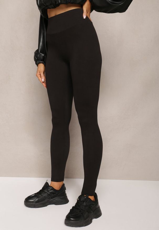 Renee - Czarne Legginsy z Dzianiny High Waist z Gumką w Pasie Nimzza. Stan: podwyższony. Kolor: czarny. Materiał: dzianina. Styl: klasyczny