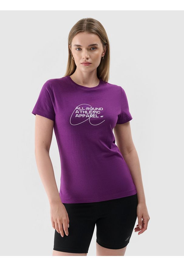 4f - 4F T-shirt slim z nadrukiem damski - fioletowy S. Okazja: na co dzień. Kolor: fioletowy. Materiał: dzianina, bawełna, jersey. Wzór: nadruk. Styl: klasyczny, sportowy, casual