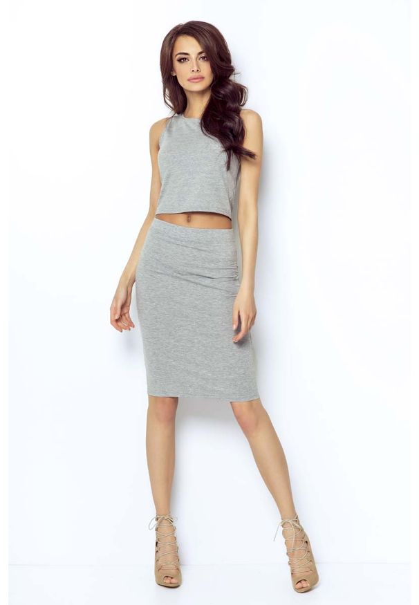 IVON - Szara Spódnica Ołówkowa Bodycon Midi. Kolor: szary. Materiał: elastan, bawełna