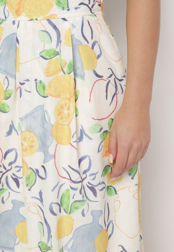 Born2be - Beżowa Spódnica Rozkloszowana z Bawełny z Wzorem w Cytryny Talzema. Okazja: na co dzień. Stan: podwyższony. Kolor: beżowy. Materiał: bawełna. Sezon: lato. Styl: casual, elegancki