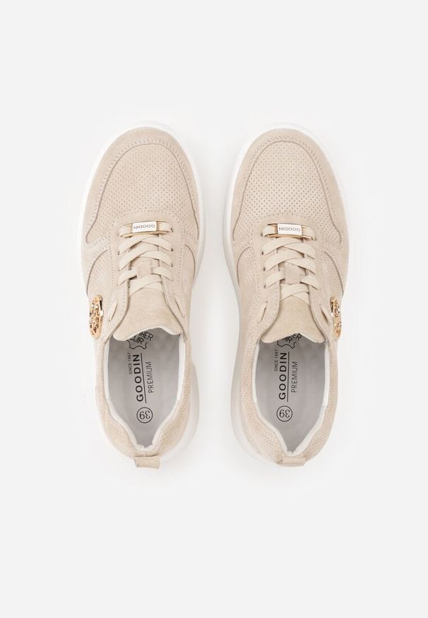 Born2be - Beżowe Sneakersy Skórzane na Grubej Podeszwie z Geometryczną Ozdobą Syrolphi. Okazja: na co dzień. Kolor: beżowy. Materiał: skóra. Wzór: aplikacja, geometria